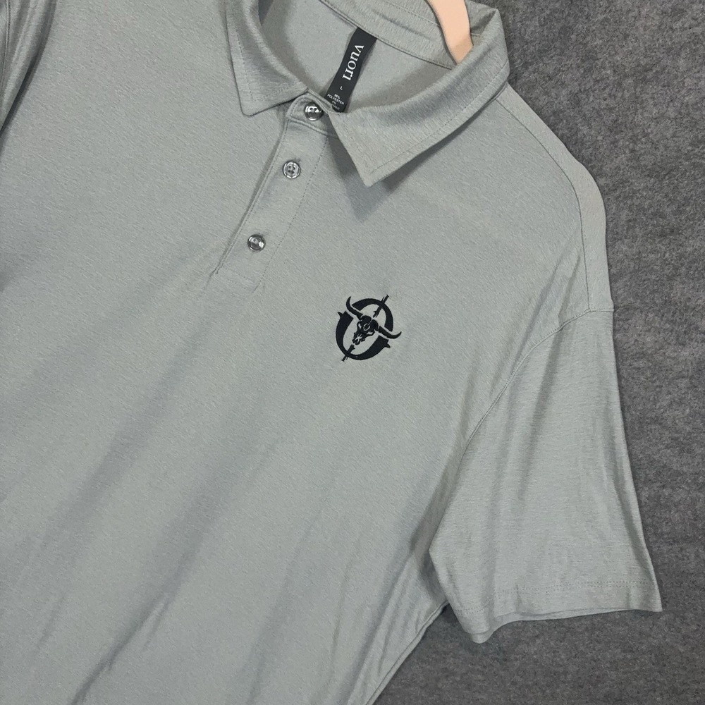 Vuori Strato Tech Polo Shirt Mens Sz L‎ Gray Performance Stretch KC Outlaws Logo
